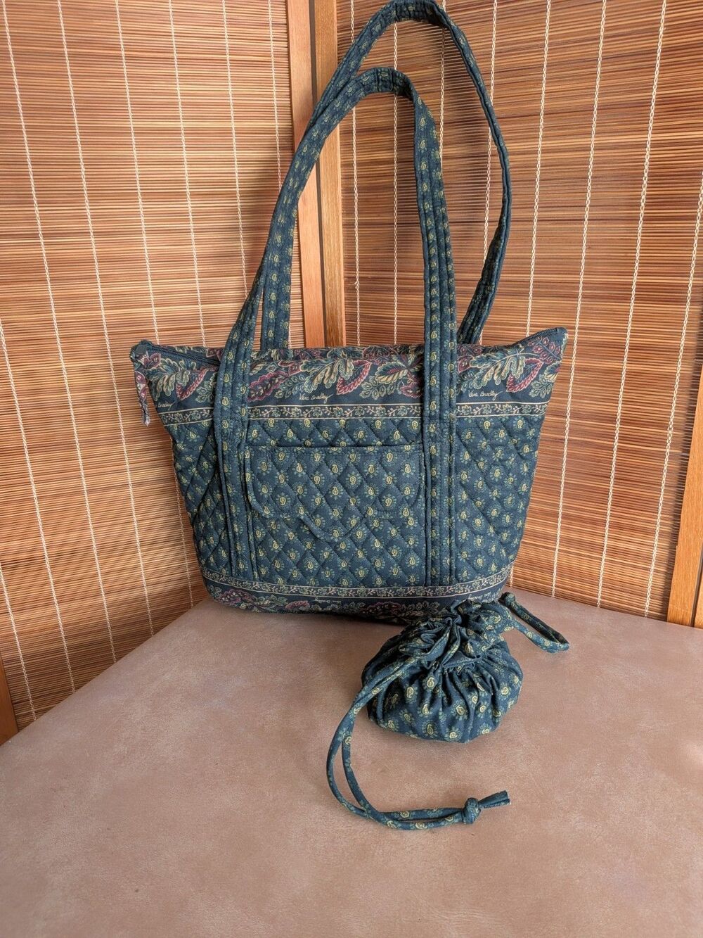 Vintage Vera Bradley Classic Green Miller Tote and Drawstring Trinket Bag